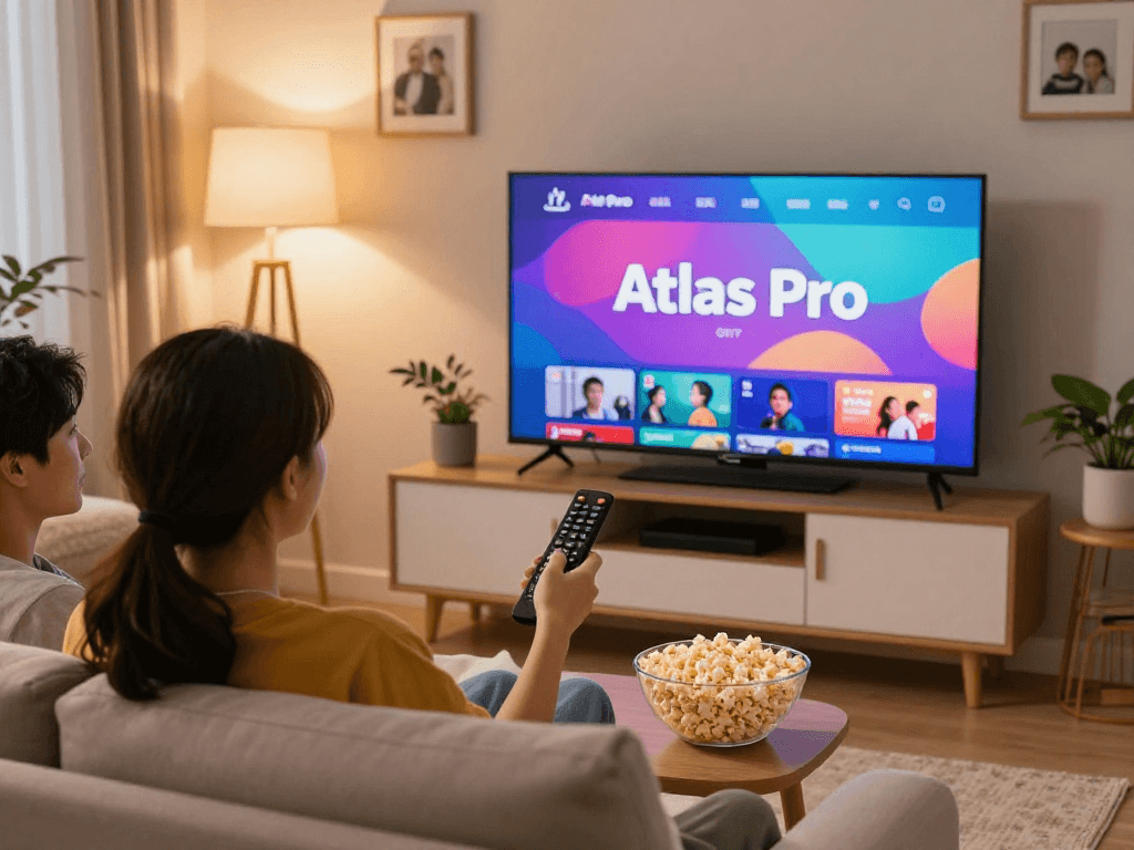 Profitez d'Atlas Pro ONTV avec un couple regardant la télévision dans un salon chaleureux.
