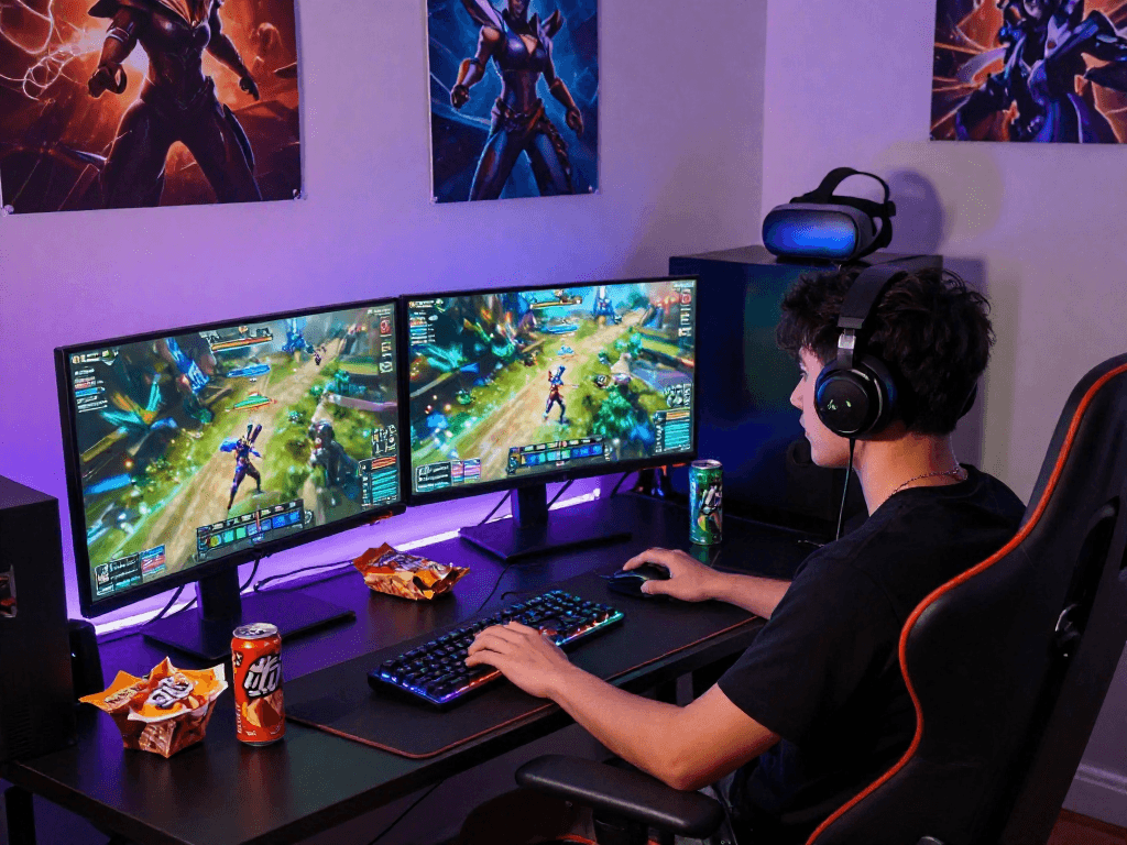 Gamer terfokus memainkan kangbet dengan peralatan gaming modern di ruang gaming yang nyaman.