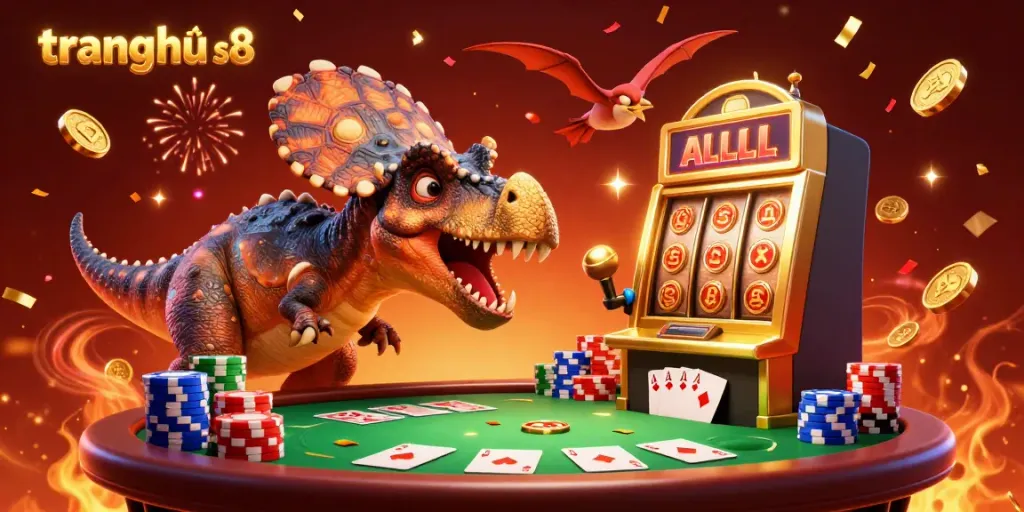 Experience the excitement at trang chủ s8 as a pachycephalosaurus wins a jackpot, surrounded by vibrant casino elements.