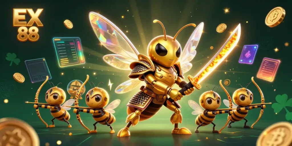 Engage with EX 88's exciting gaming landscape featuring samurai hornet characters and crypto elements.