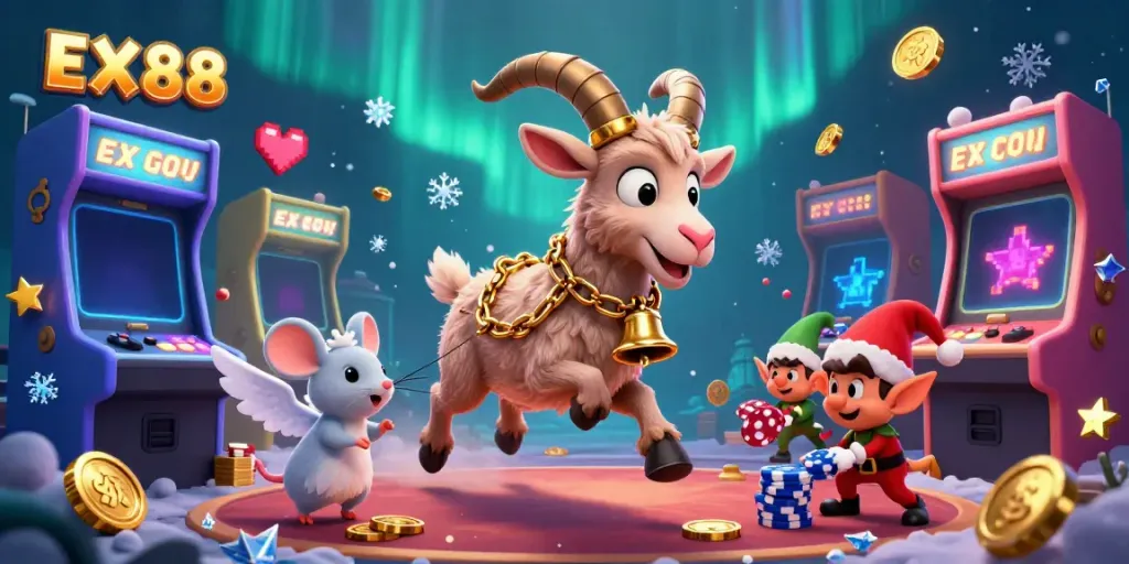 Experience the festive chaos at EX 88 casino with characters in a vibrant holiday scene.