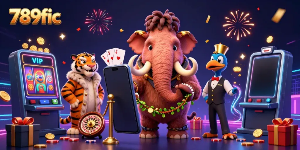 Experience the vibrant world of 789fic as a woolly mammoth bouncer greets a saber-tooth tiger VIP at a colorful casino.