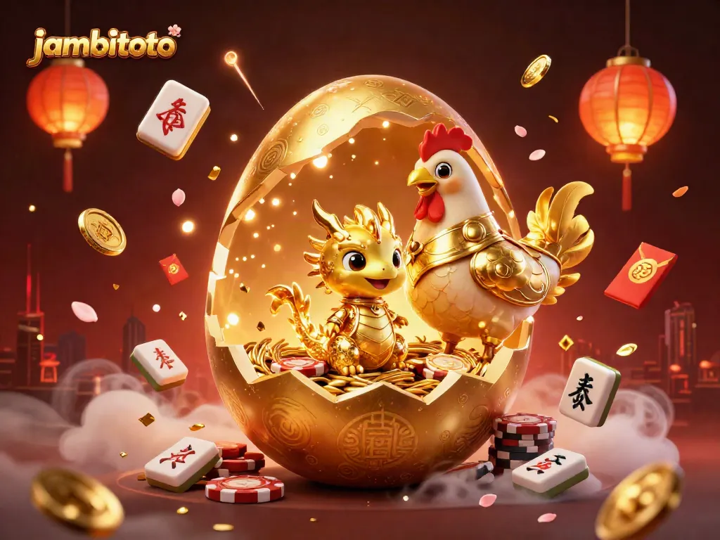 Win big with jambitoto in this dazzling 3D illustration of a golden dragon and poker chips surrounded by festive elements.