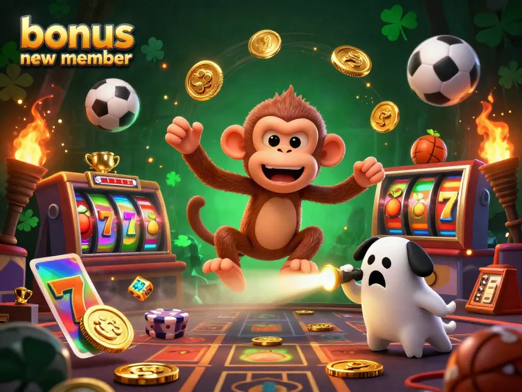 Experience the thrill of the bonus new member promotion in this vibrant 3D casino illustration with playful characters and elements.