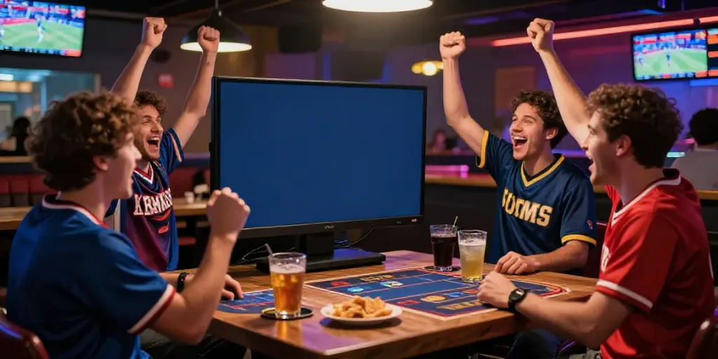 Scène de pari sportif en Belgique avec des amis célébrant une victoire, ambiance dynamique et festive.