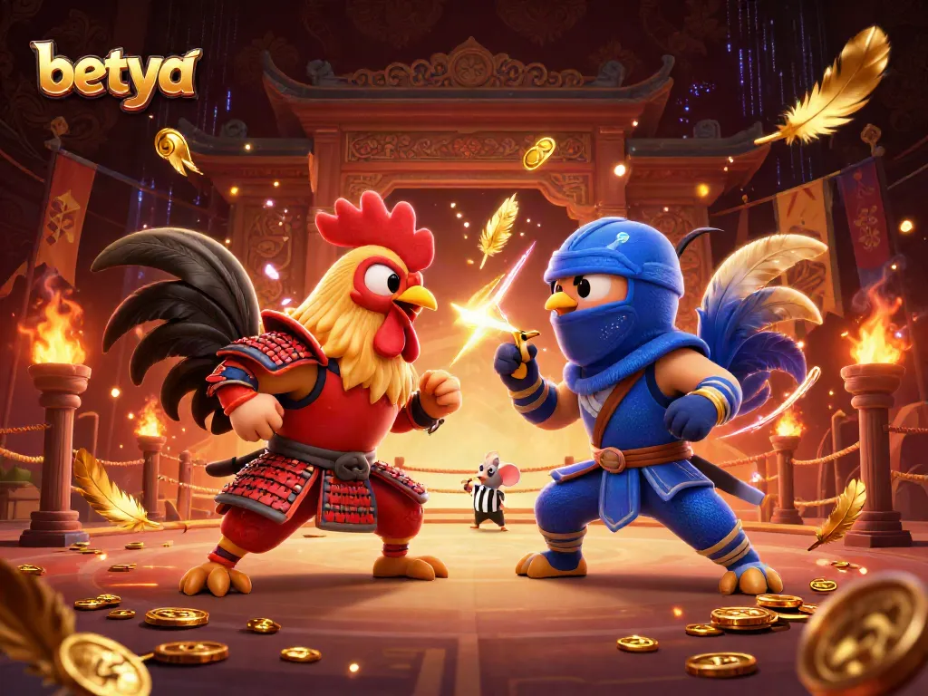 Experience the thrill of betya's casino in a dynamic 3D scene with animated roosters and vibrant game elements.