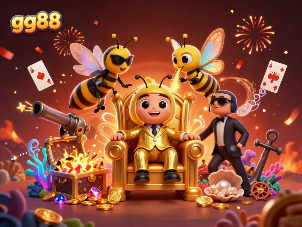 Engage in exciting gaming at gg88 with a cartoon scene of a bumblebee mob boss and treasures