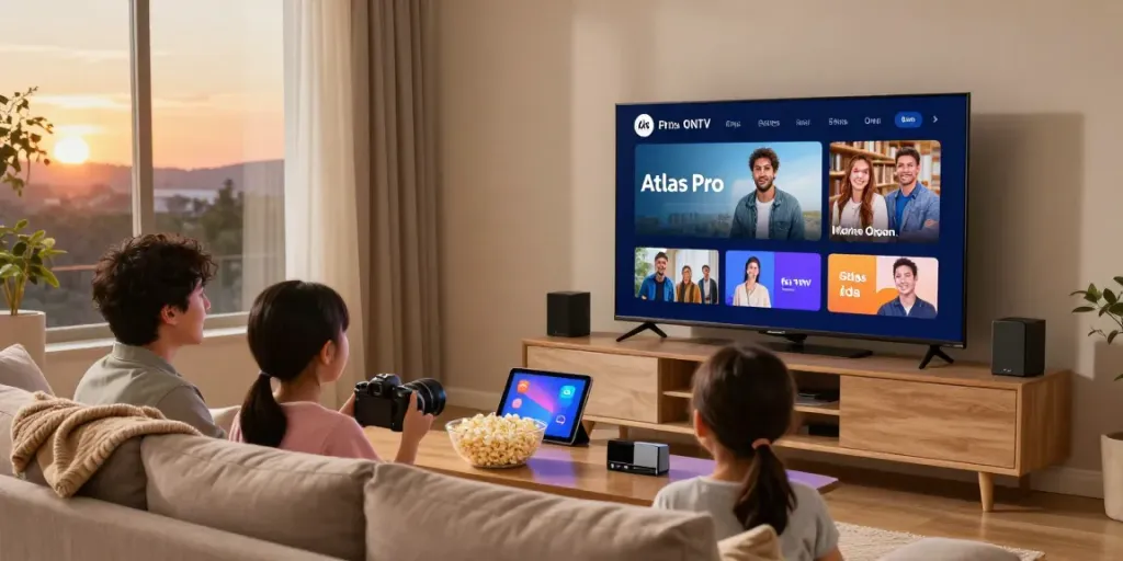 Famille profitant de l'application atlas pro ontv pour des soirées cinéma à domicile.