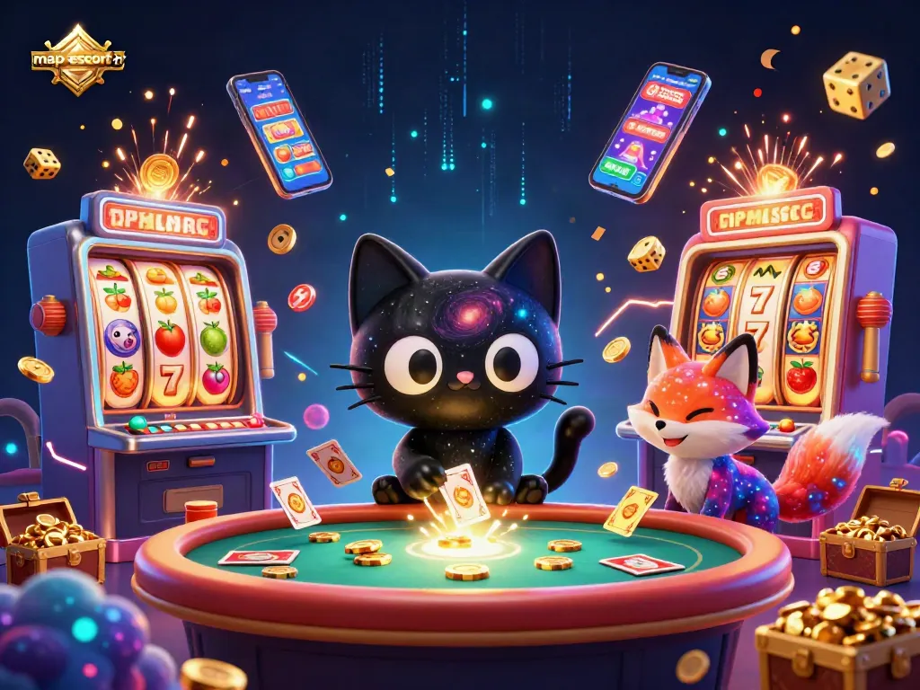 Engage with map-escort-fr, where a cosmic cat spins winning slots amidst golden coins and vibrant gaming elements.