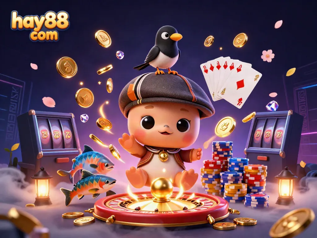 Engage with thrills at hay88 com through a playful scene of gaming with festive characters and casino elements.