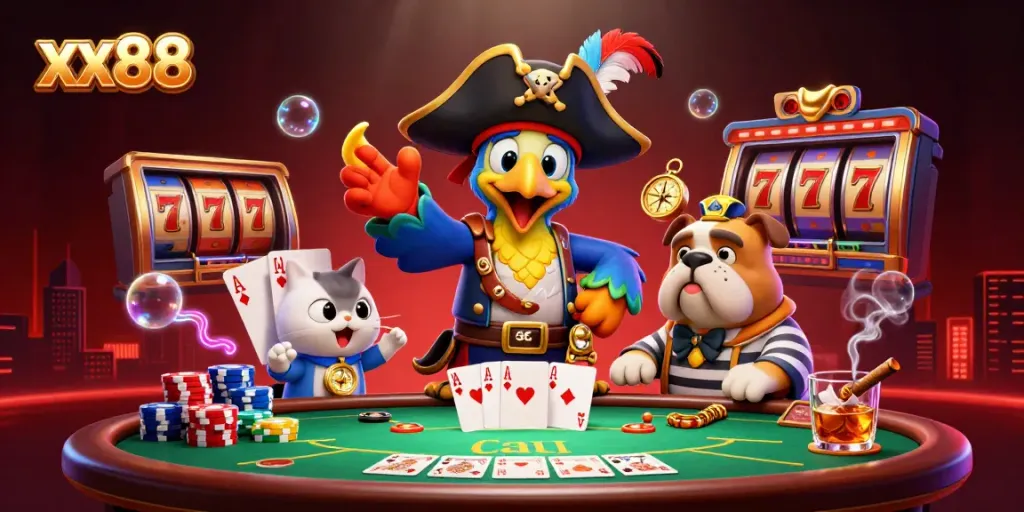 Experience thrilling casino action with xx88's vibrant illustration featuring dynamic characters and poker elements.