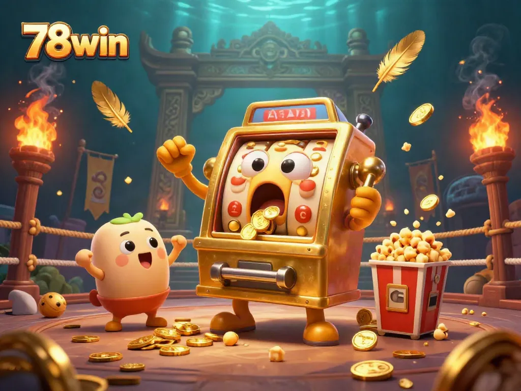Experience the thrill of 78win with our lively cartoon slot machine celebrating a jackpot surrounded by cheering machines and golden excitement.