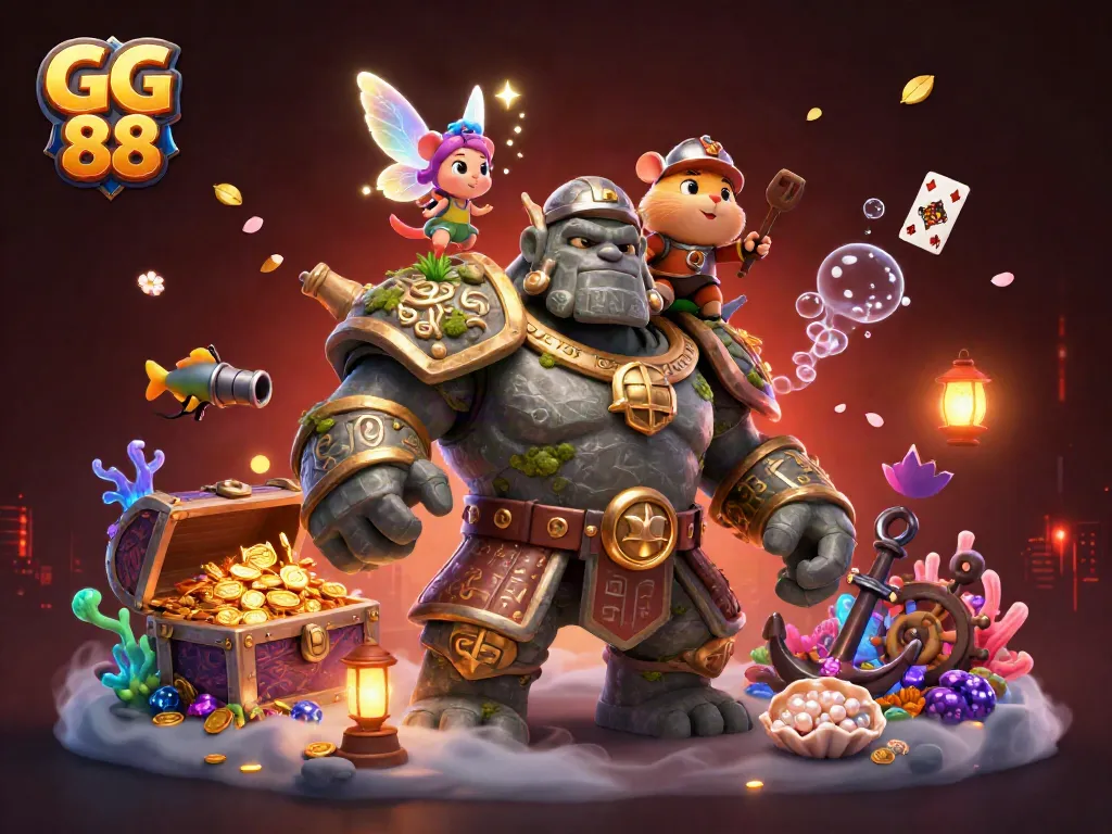 Engage with the magical world of GG 88, witnessing the golem guardian and companions in an adventure!