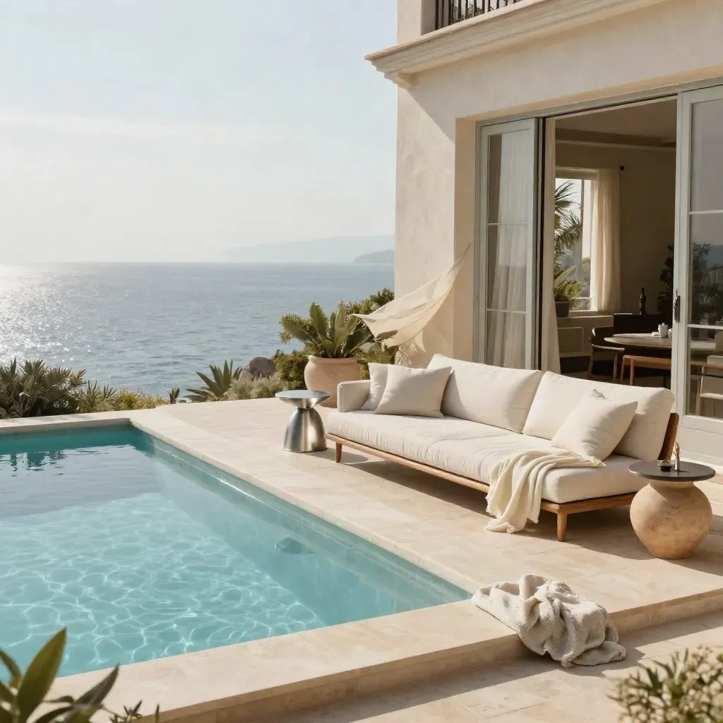 Terrasse de villa avec bassin miroir, canapé clair, portes-fenêtres ouvertes et mer au loin.