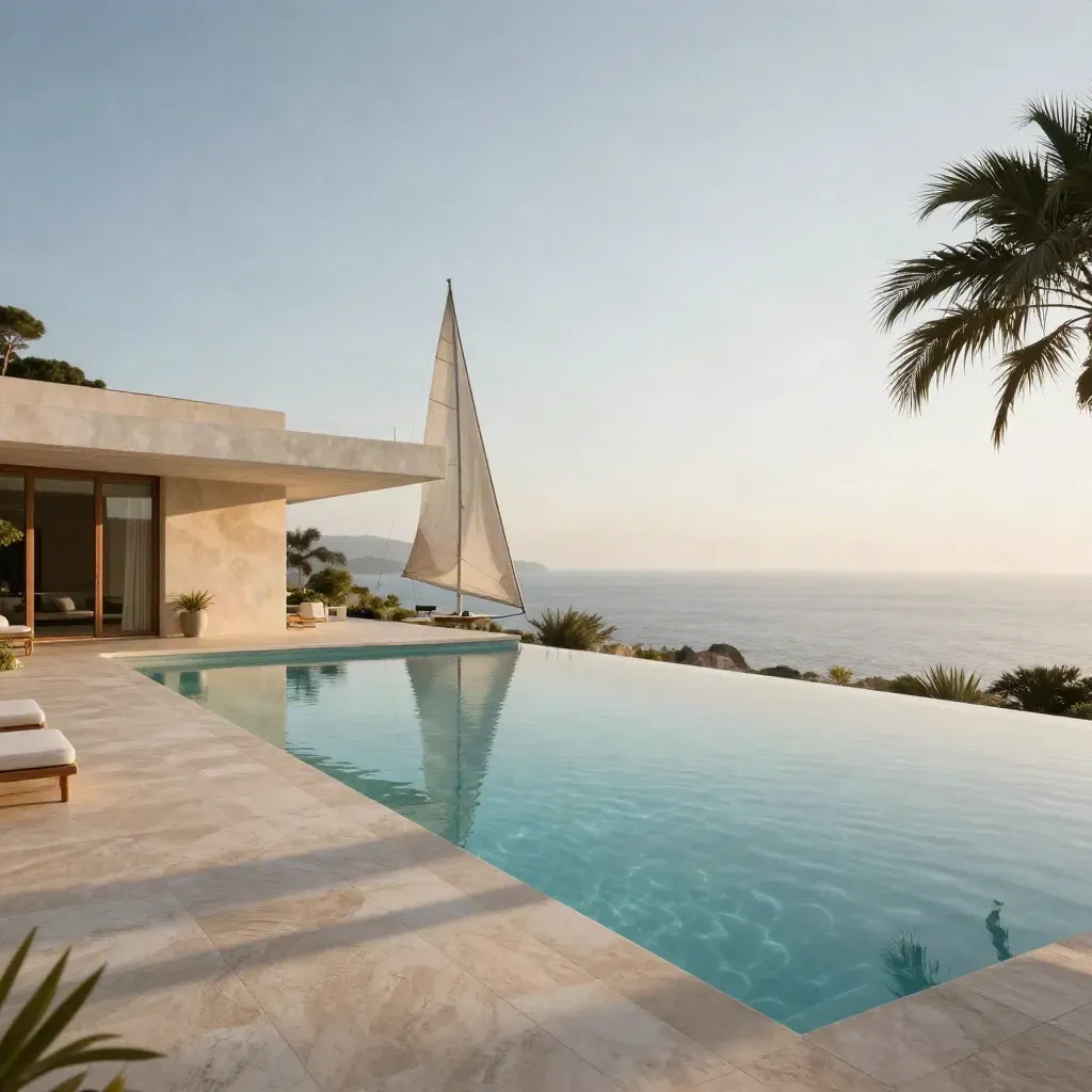 Villa contemporaine à Cannes avec piscine à débordement, terrasse claire et horizon marin.