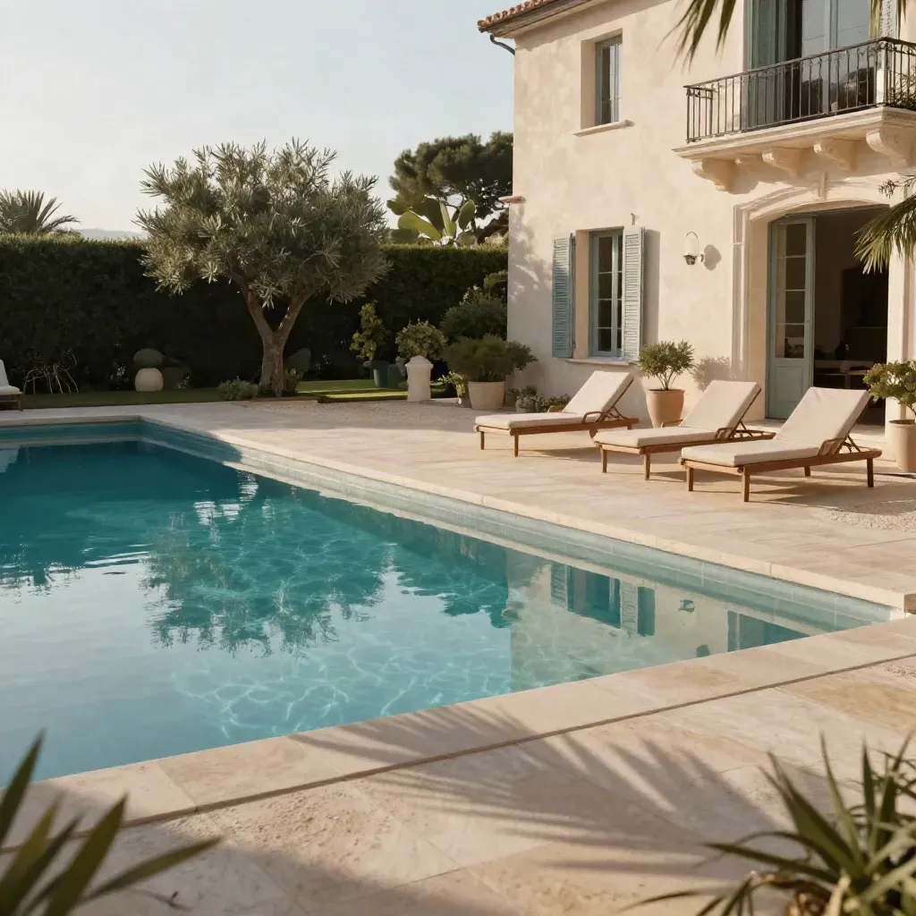 Villa calme avec piscine privée, haies taillées et deux bains de soleil au soleil de fin d’après-midi.