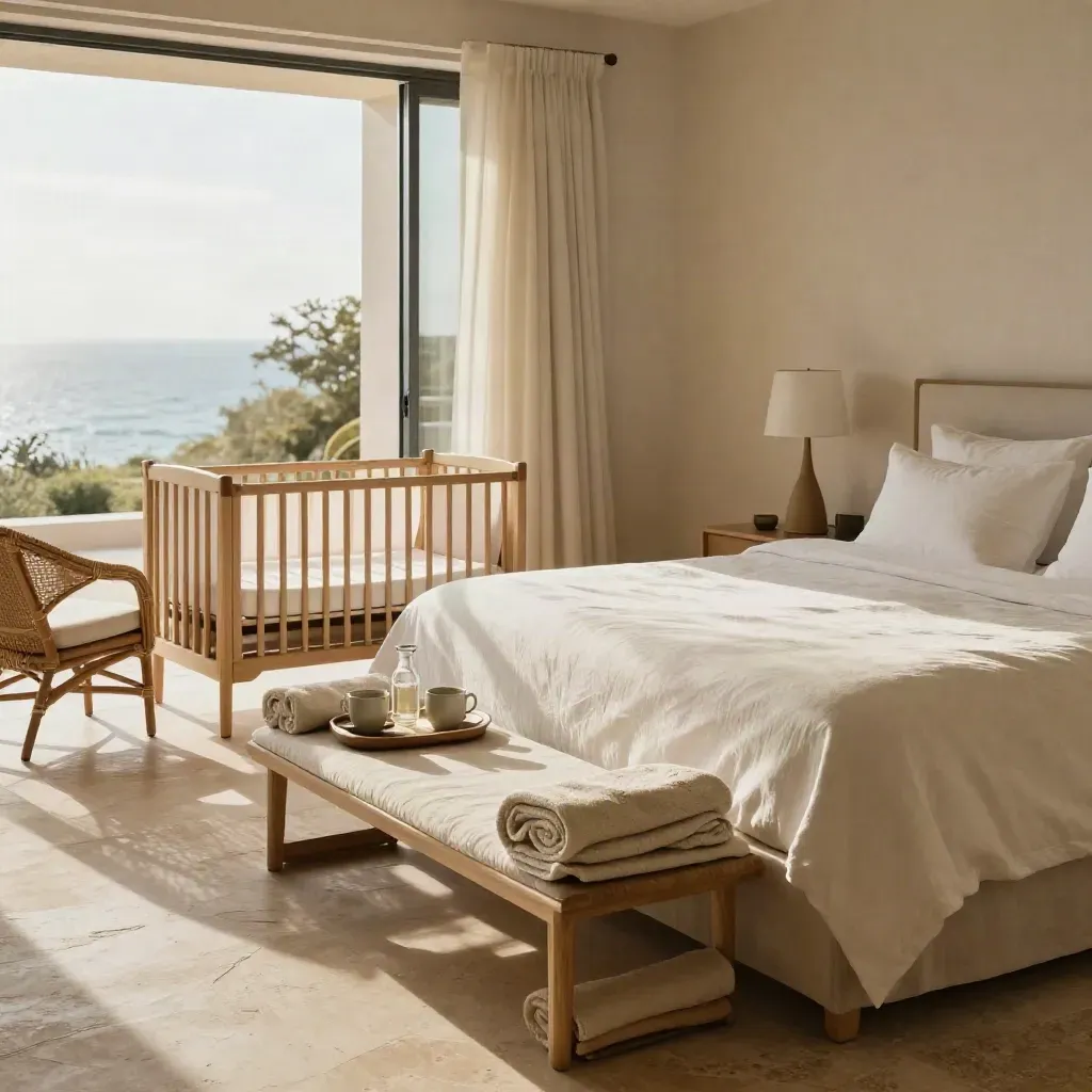 Chambre de villa lumineuse avec lit king, lit parapluie plié et table dressée pour deux.