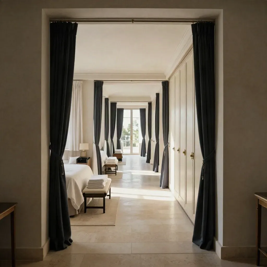 Villa de tournage silencieuse avec chambres alignées et couloir lumineux.