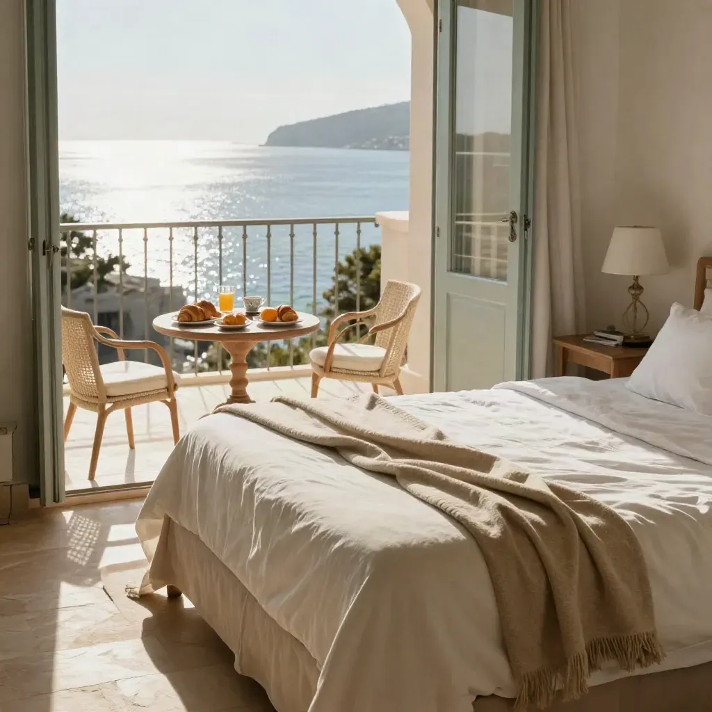 Chambre vue mer raffinée avec lit défait, petit-déjeuner pour deux et baie lumineuse.