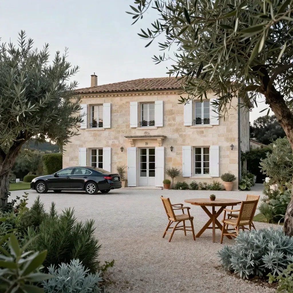 Villa paisible près de Mougins avec jardin ombragé, voiture stationnée et table vide