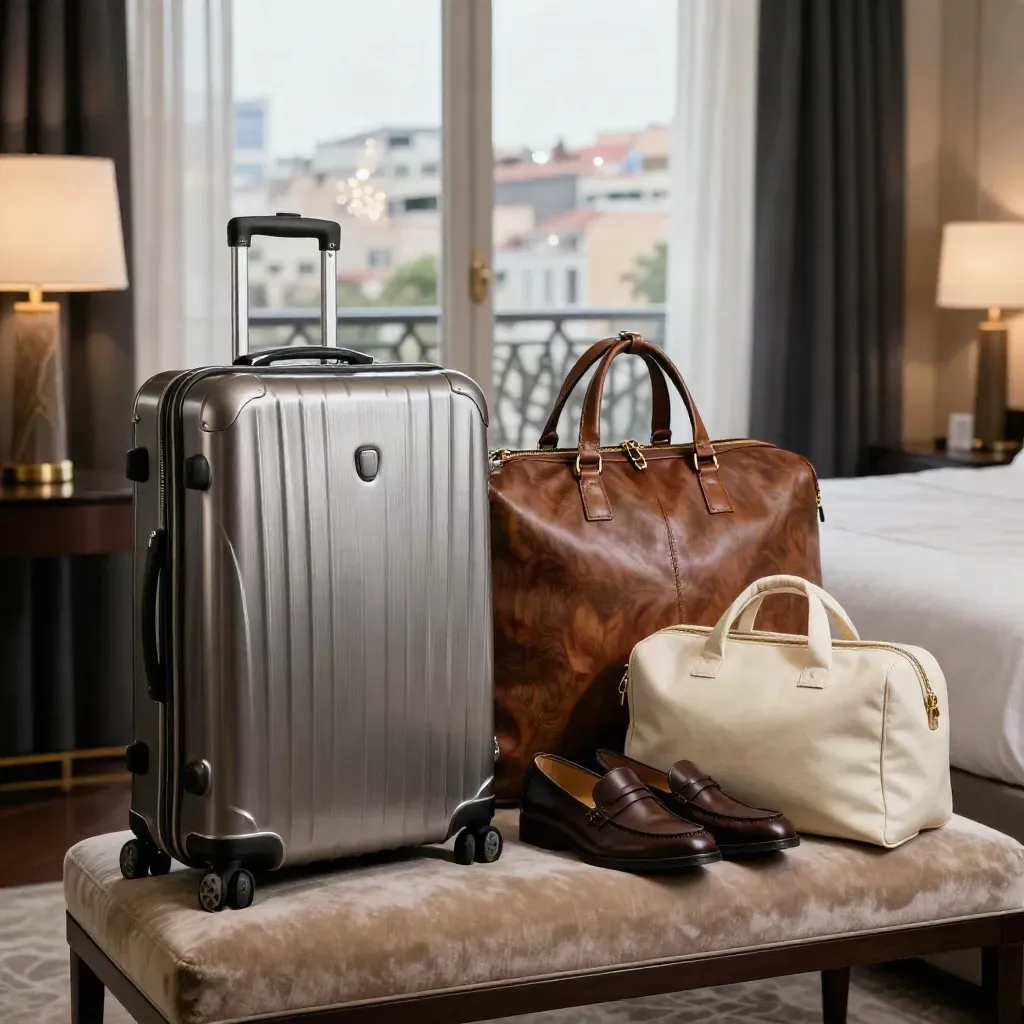 Suite presse élégante à Cannes avec valise, fauteuil et lumière dorée du soir.