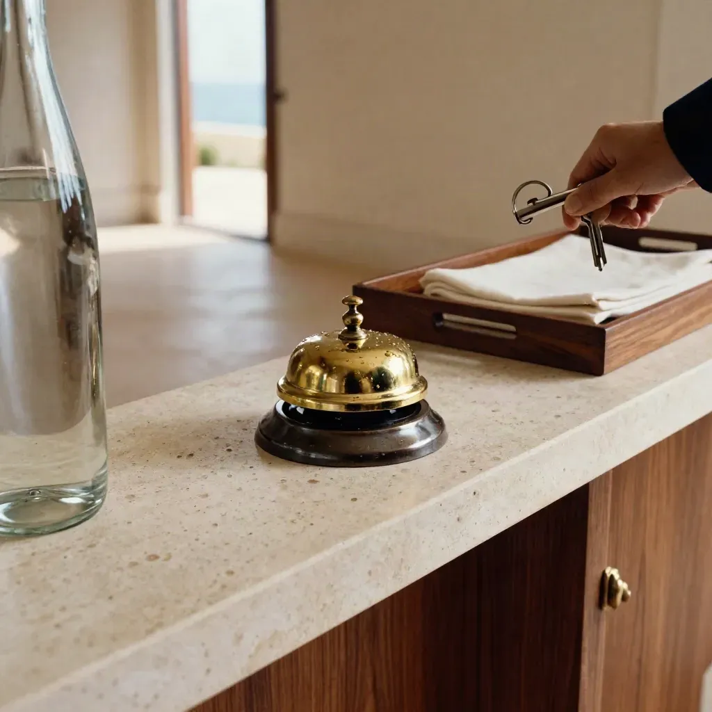 Cloche de conciergerie, soucoupe brossée et bouteille d’eau sur console en travertin, lumière dramatique.