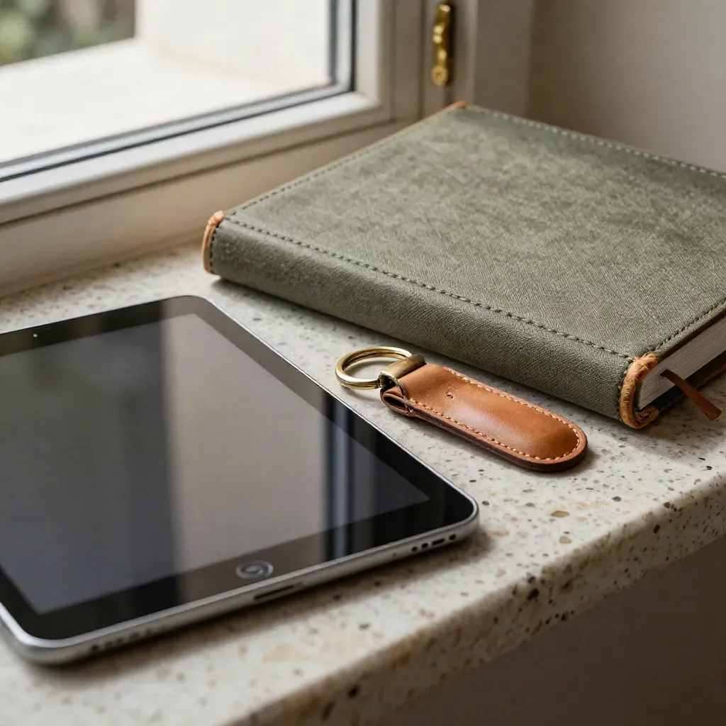 Tablette éteinte, carnet fermé et porte-clés en cuir sur pierre, lumière douce de conciergerie.