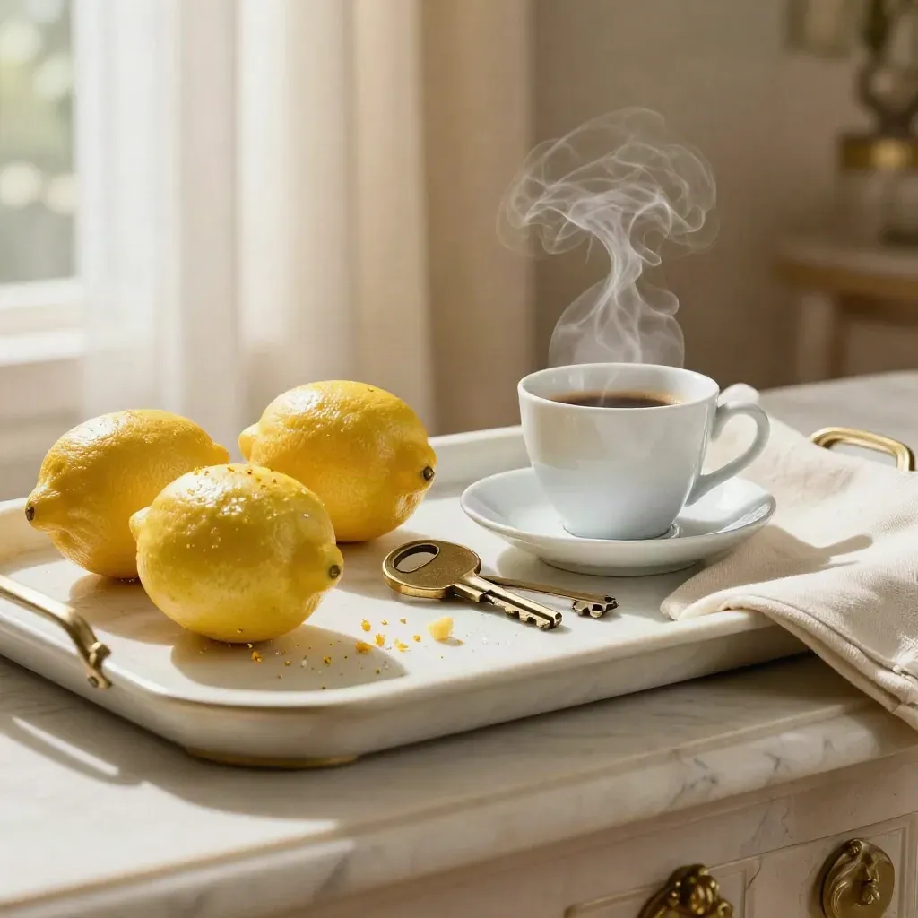 Plateau d’accueil avec citrons, café, clé de villa et linge plié sur marbre clair.