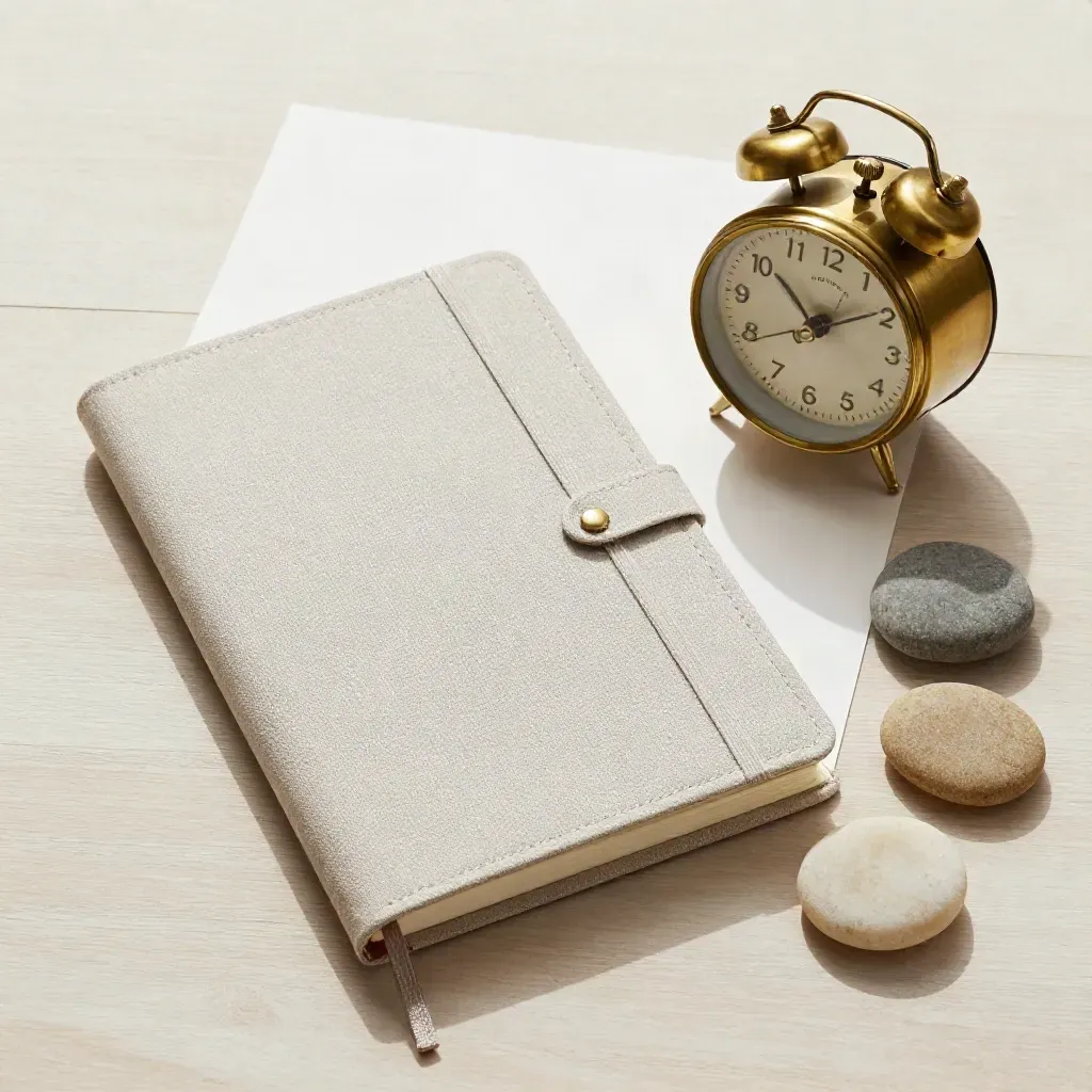 Carnet de séjour fermé, horloge en laiton et trois galets sur bois pâle.