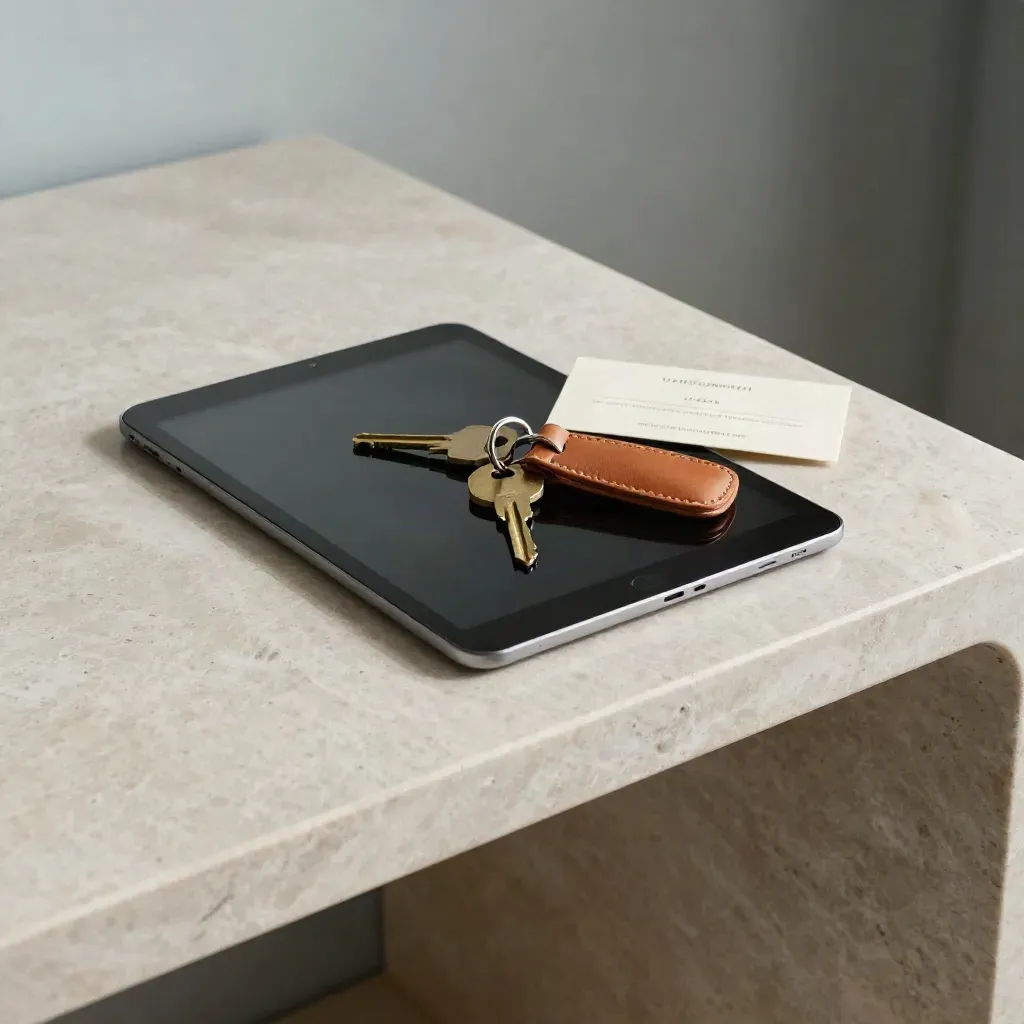 Tablette noire, porte-clés en cuir et clé de villa sur une console de pierre, lumière douce.