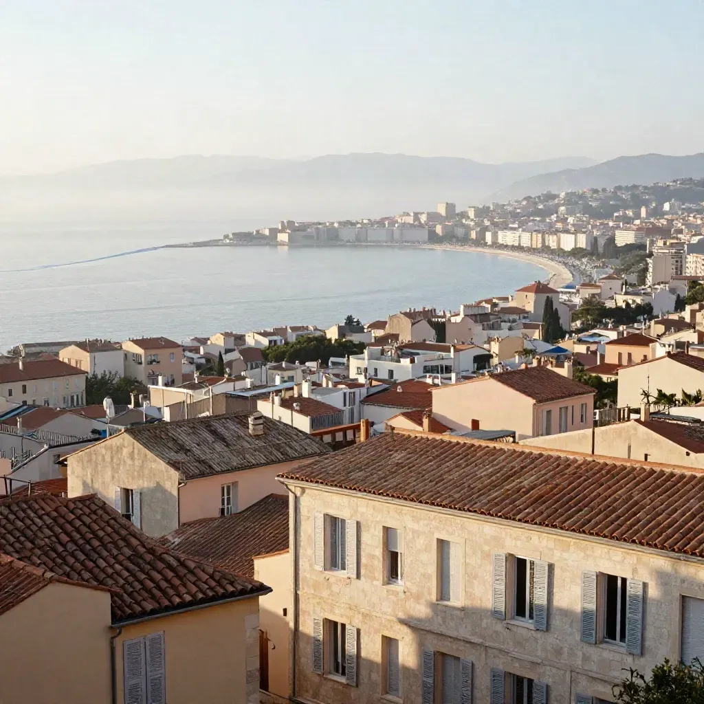 Vue de Cannes Centre au lever du jour, toits du Suquet, baie calme et brume marine.
