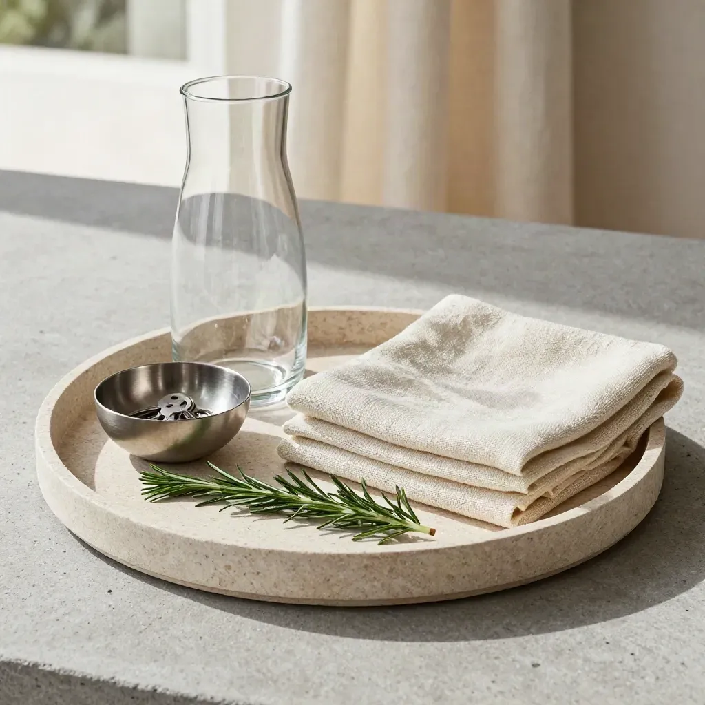 Plateau d’arrivée avec carafe, serviette pliée, coupe à clés et romarin sur pierre.