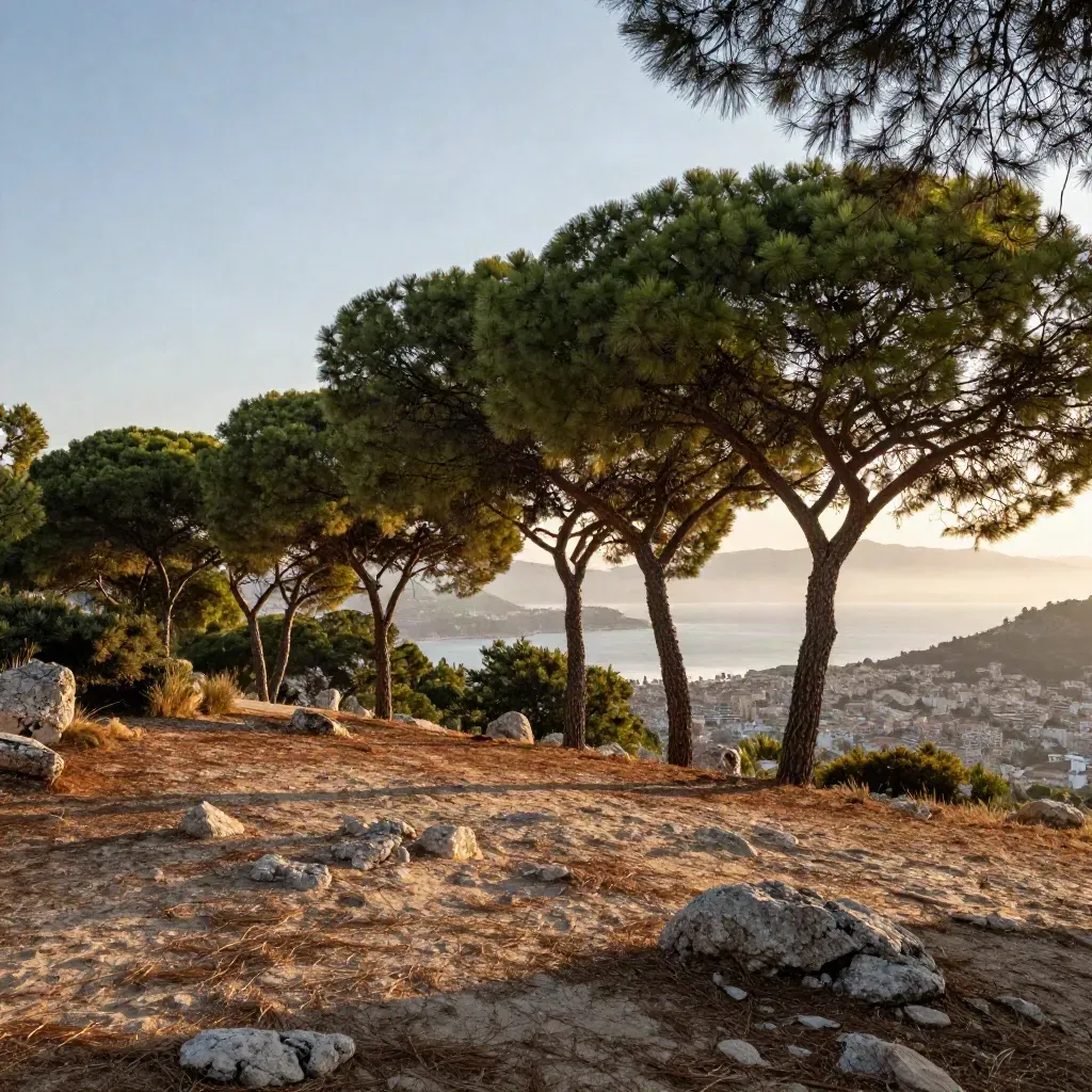 La Croix des Gardes au soleil couchant, pins maritimes et baie de Cannes en arrière-plan.
