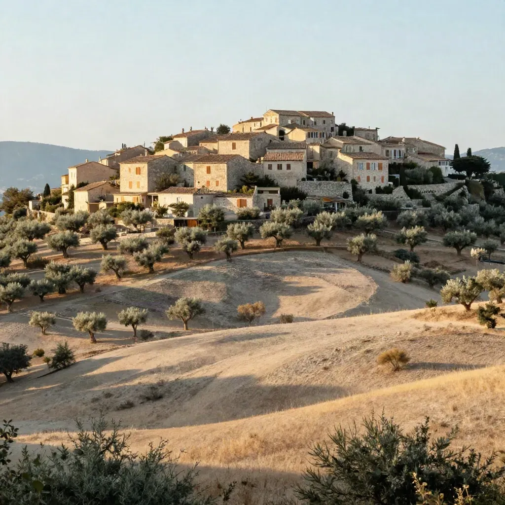 Collines de Mougins et Ouest Riviera au soleil doré, oliveraies et aperçu d’Antibes