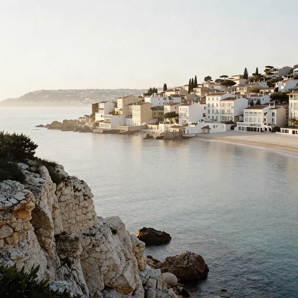 Baie de Villefranche brumeuse, falaises claires, villas blanches et mer laiteuse.