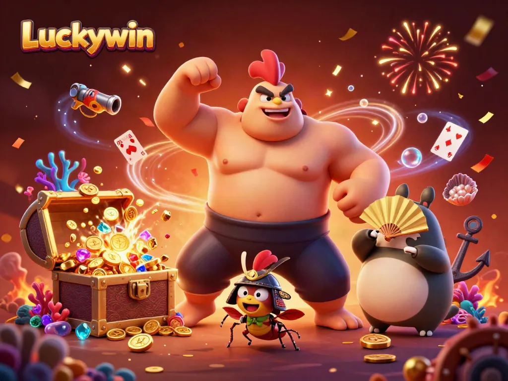 Experience the thrilling energy of Luckywin with a dynamic 3D casino scene featuring iconic gaming elements.