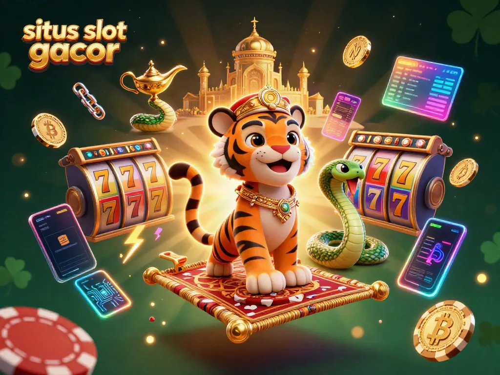 Experience situs slot gacor with a lively 3D illustration of a tiger sultan surrounded by slot elements and cryptocurrencies.