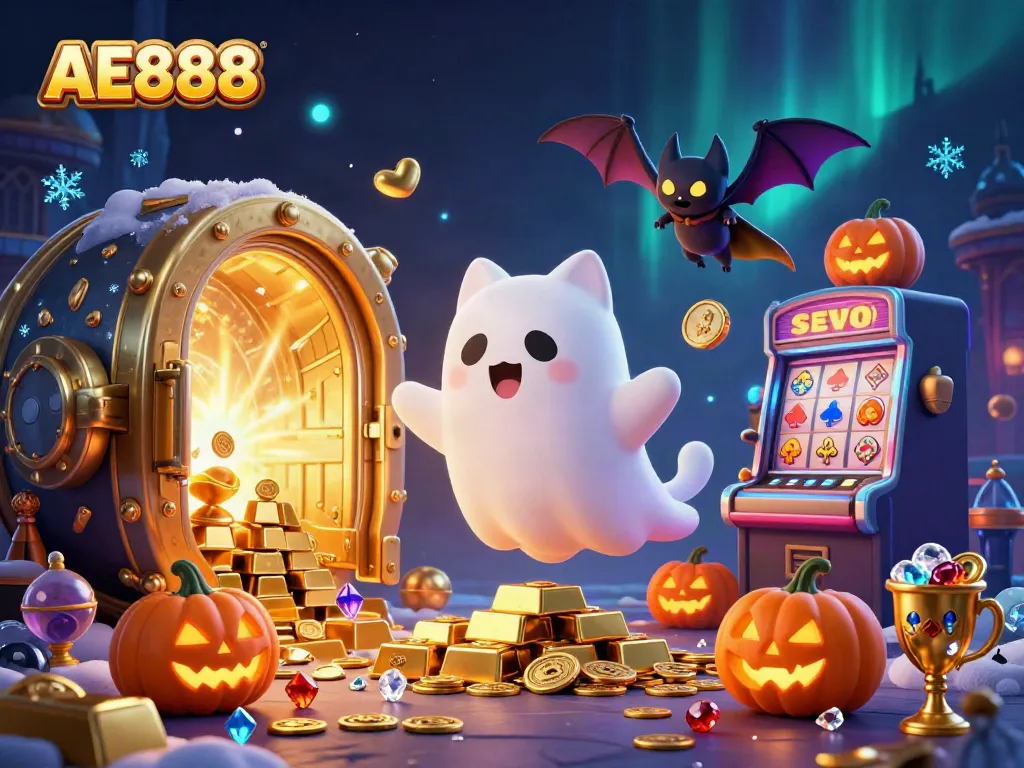 Experience the thrill of AE888 through a vibrant casino scene featuring a whimsical ghost cat and treasures.