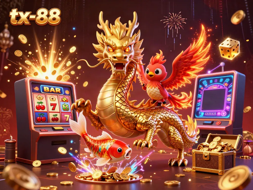Experience thrilling jackpots at tx-88 with vivid illustrations featuring a golden dragon and exciting casino elements.
