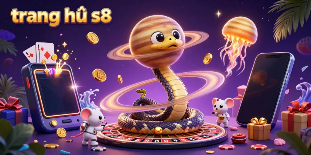 Experience thrilling bets on trang chủ s8 with a vibrant cosmic casino scene featuring a roulette wheel and slot games.