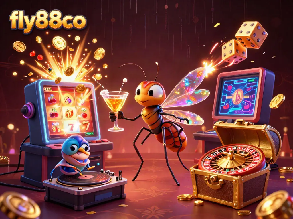 Engage with fly88co's vibrant casino world featuring a unique frozen-in-amber mosquito mascot amidst exciting gaming elements.