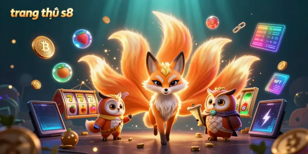 Engage with the vibrant world of trang chủ s8 in this dazzling 3D illustration showcasing slots and glowing cryptocurrencies.