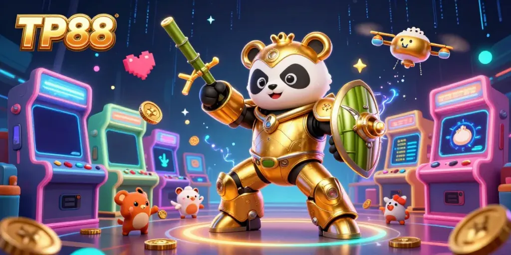 Experience thrilling gameplay at TP88 with a vibrant 3D scene featuring dynamic characters, games, and casino elements.
