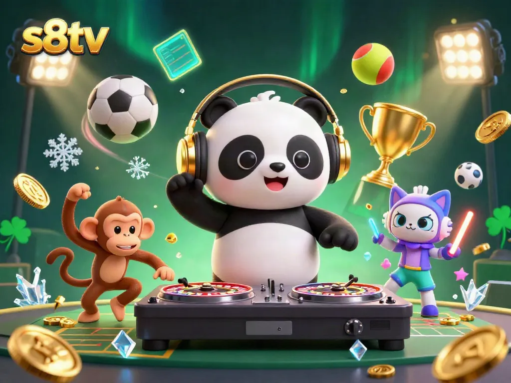 Experience gaming excitement at s8tv with a DJ panda, dancing monkey, and vibrant atmosphere.