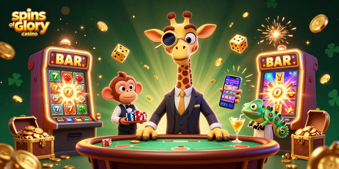 Experience spins of glory casino in this vibrant 3D illustration featuring a high-roller giraffe and his companions.