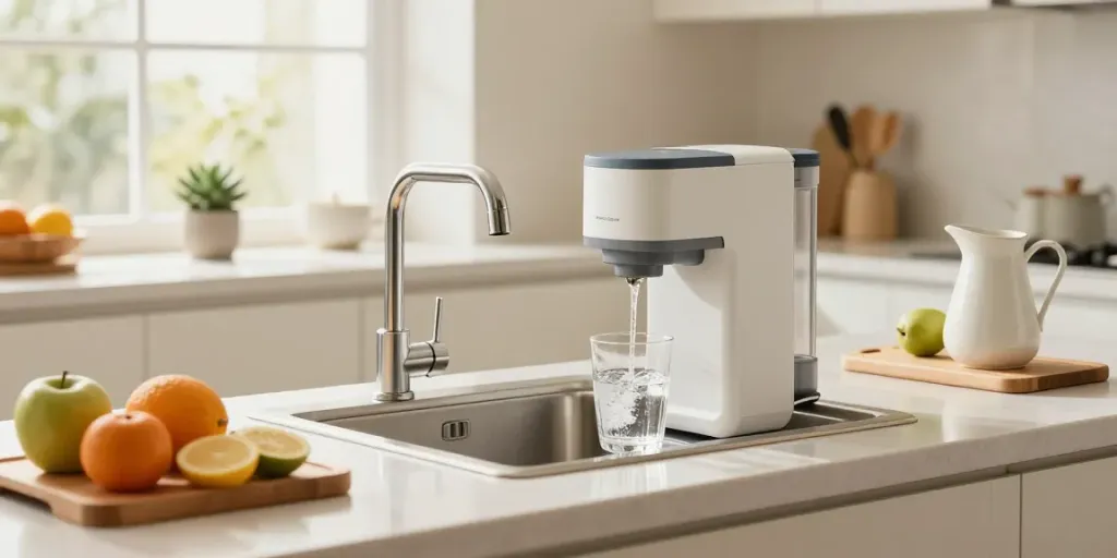 Installation d'un système d'osmose inverse dans une cuisine moderne, avec de l'eau claire versée dans un verre.