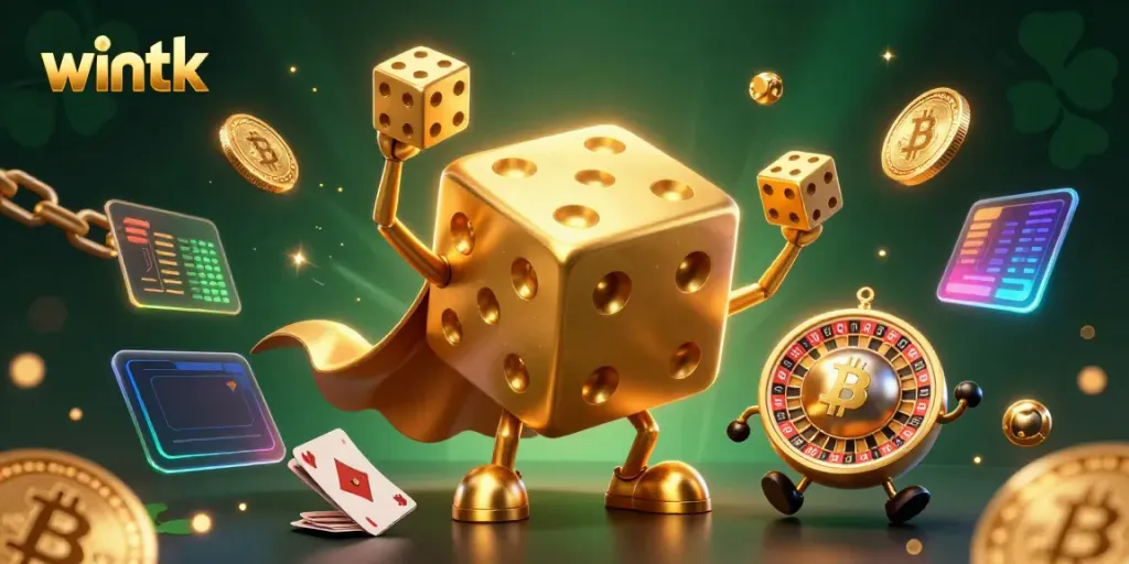 Engage with wintk through vibrant casino-themed 3D illustration featuring golden dice and digital elements.