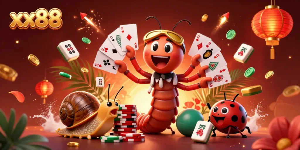 Experience the excitement of xx88 with a whimsical dealer and vibrant casino elements in a lively scene.