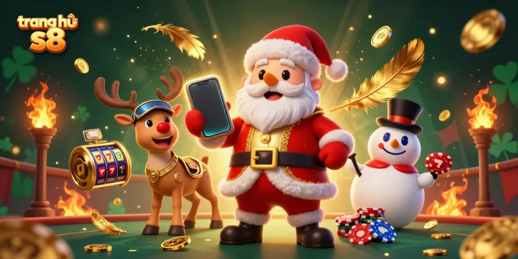 Spin the reels with trang chủ s8 as Santa celebrates jackpots in a vibrant casino scene.