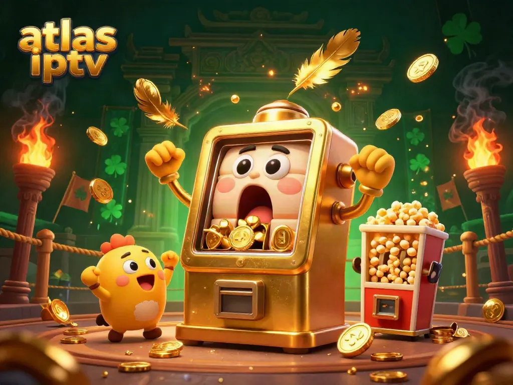 Faites le plein de gains avec l'atlas iptv au slot jackpot éclatant et heureux, entouré d'éléments animés
